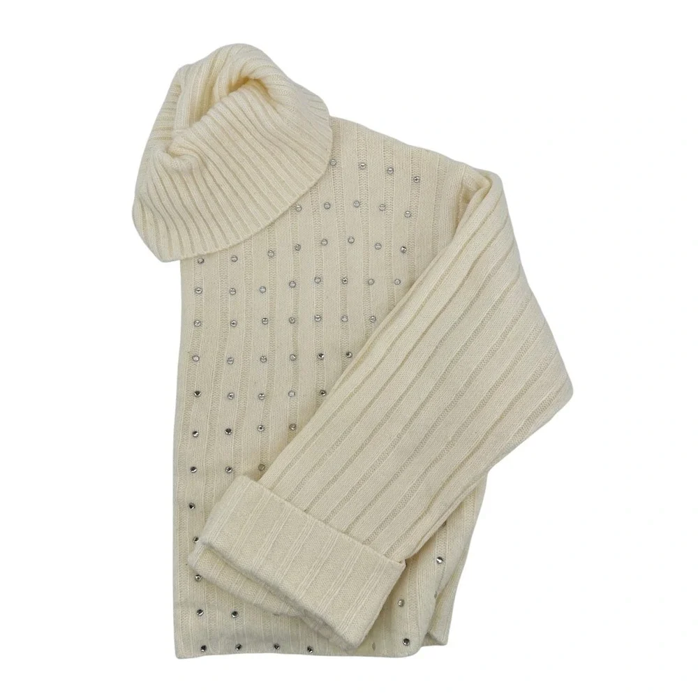 Womens Rhinestone Embellished Cream Turtleneck Ribbed Knit Sweater‎ Boxy Crop